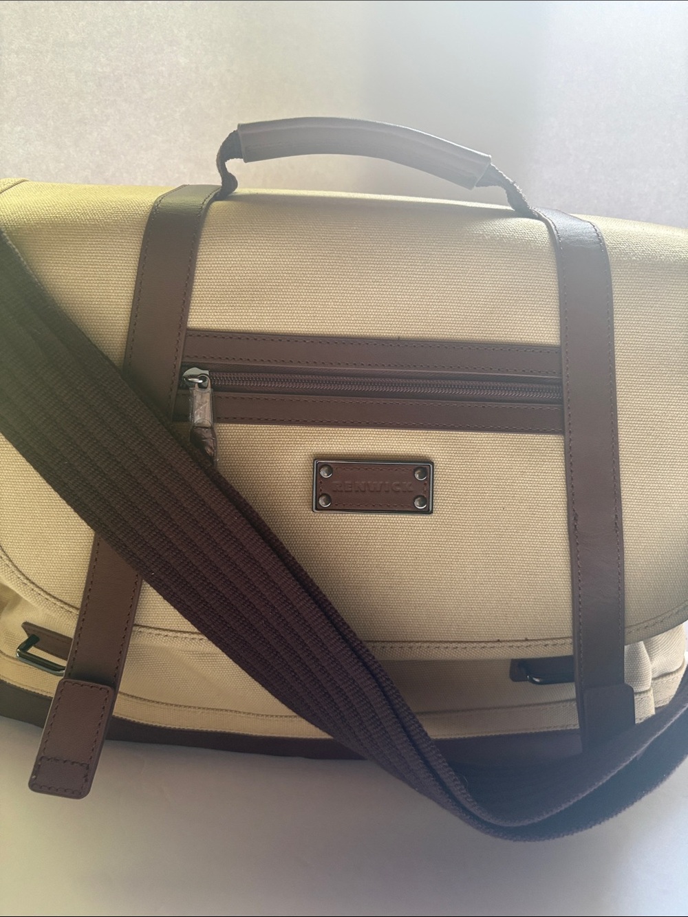 Renwick Canvas & Leather Messenger Bag Tan Laptop Briefcase Crossbody Satchel